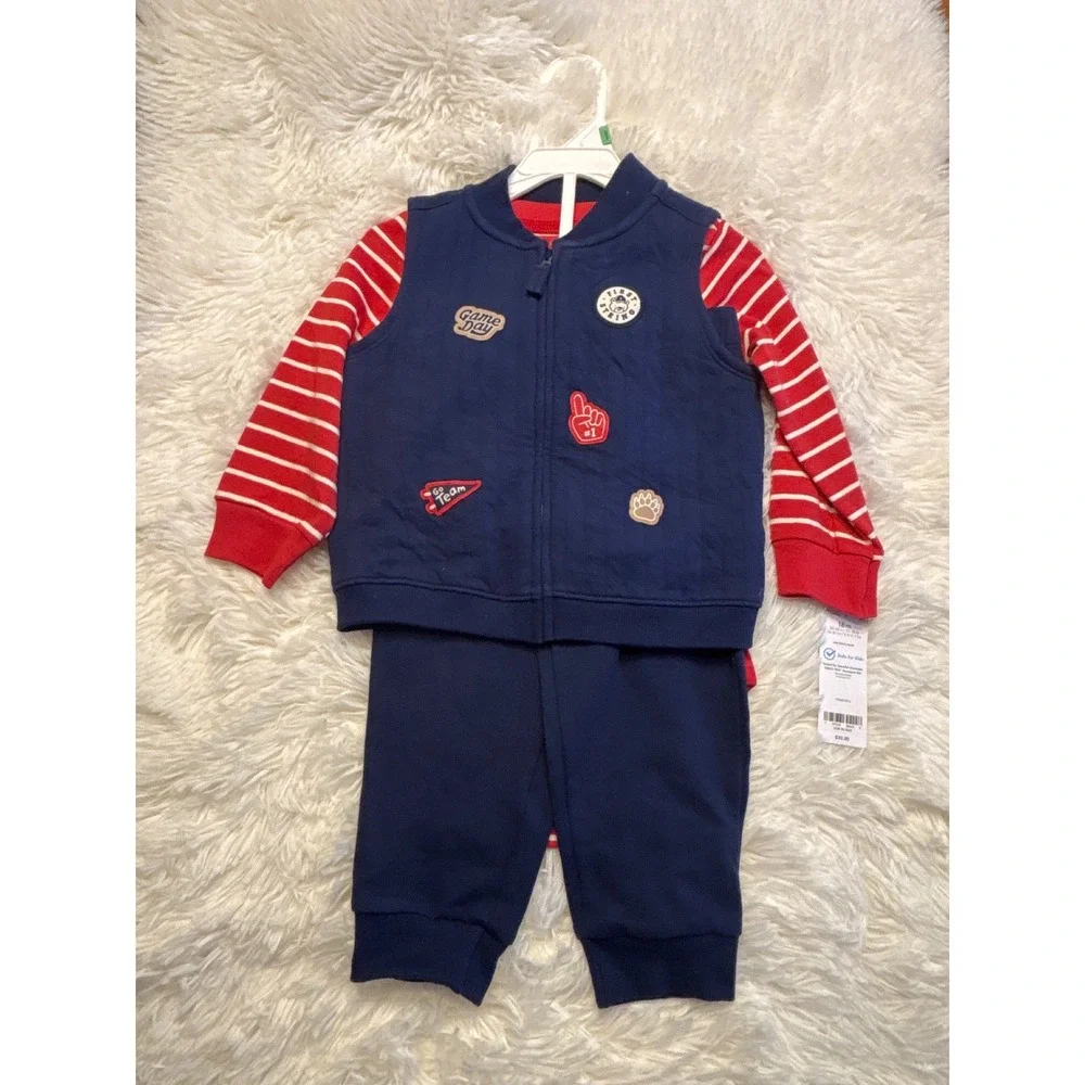 Carters Baby Boy 3pc Set Navy Vest Red Striped Bodysuit Joggers 18M NWT